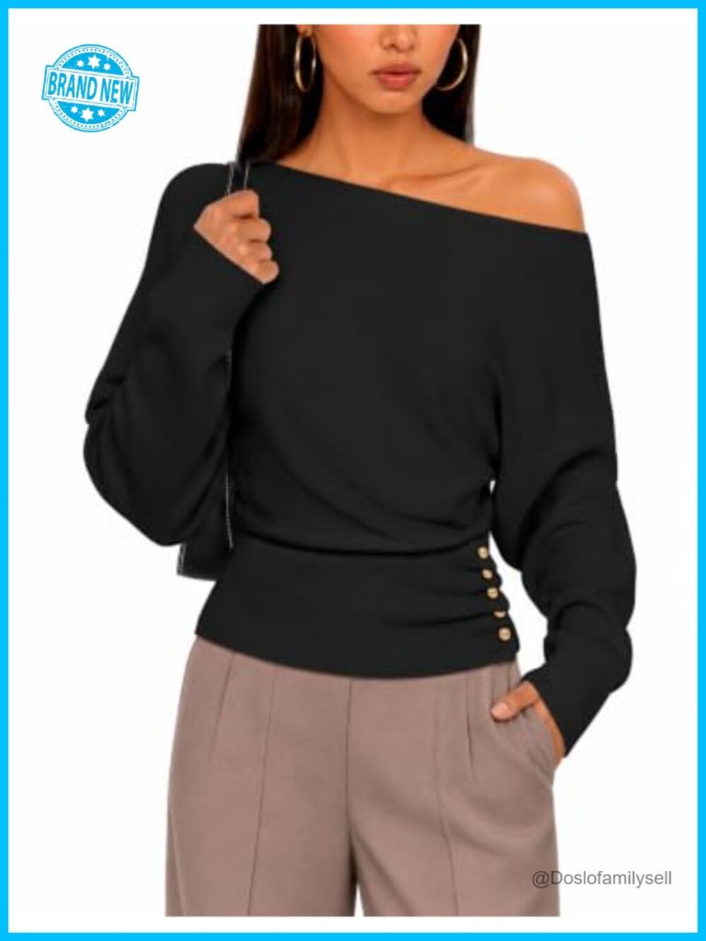 Off Shoulder Sweater Batwing Sleeve Gold Button Ribbed Knit Pullover